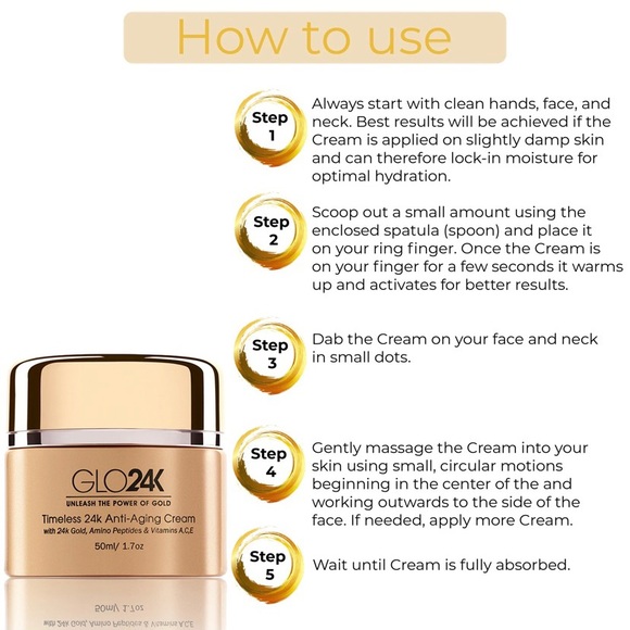 NIB GLO24K Timeless 24k Anti-Aging Cream w/24k Gold, Amino Peptides & Vit A C &E - Picture 5 of 6